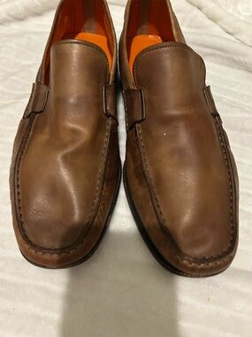 Santoni mens brown leather plain toe loafer luxury dress shoes 9 EE